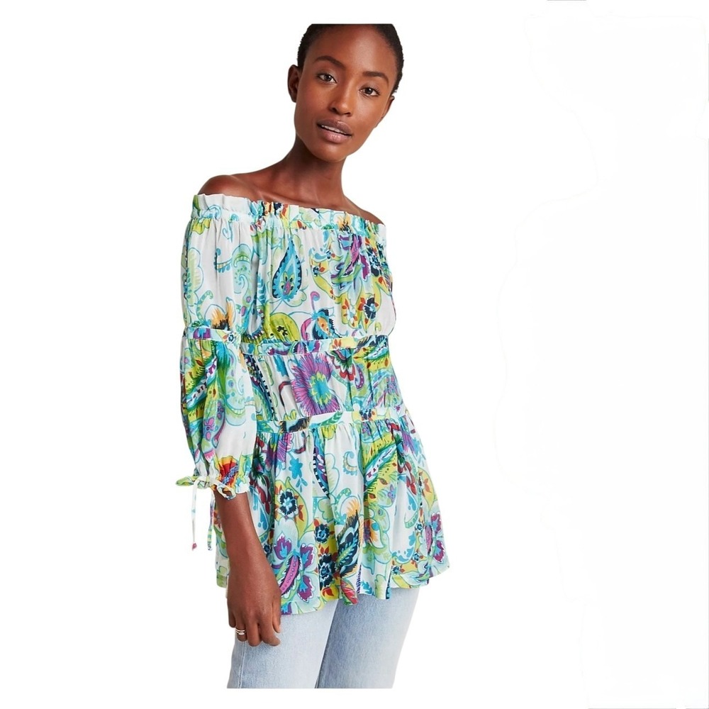 Anthropologie Maeve Frankie Off‎ Shoulder Sheer Floral Paisley Top S Multicolor